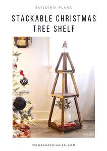 a wooden christmas tree shelf next to a white christmas tree with ornaments on it and the words, stackable christmas tree shelf