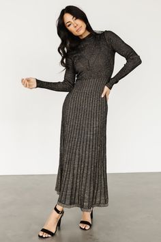 Jamelia Pleated Sweater Dress | Black + Gold - Baltic Born Sweater Dress Brown, Winter Wedding Attire, Long Sleeve Babydoll Dress, Dresses Velvet, Sweater Dress Black, Baltic Born, Long Sleeve Dress Formal, Velvet Maxi Dress, Velvet Maxi