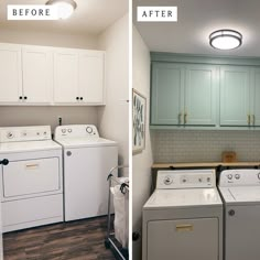 before and after pictures of a laundry room with washer and dryer in it