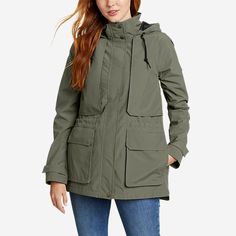 Women's Rainfoil® Parka Green Nylon Raincoat For Hiking, Windproof Nylon Travel Raincoat, Functional Green Travel Raincoat, Insulated Fall Outdoor Windbreaker, Solid Weatherproof Windbreaker For Travel, Green Utility Raincoat For Outdoor, Waterproof Nylon Windbreaker For Camping, Functional Green Nylon Raincoat, Green Waterproof Nylon Raincoat