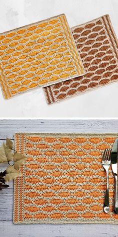 two placemats with forks and spoons on them, one is orange and the other is brown