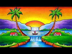 a painting with palm trees and houses on the water in front of a colorful sunset