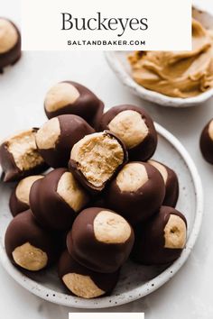 chocolate covered peanut butter balls on a white plate with text overlay that reads, buckeyes salt and bake