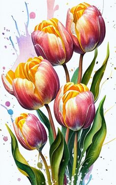 a painting of pink and yellow tulips with green leaves