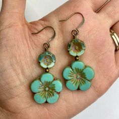 Choose Your Color Double Flower Stacked Dangle Earrings Colorful Czech Glass Floral Beads, Boho Floral Drop Earring, Antique Brass Finish - Etsy Bohemian Czech Glass Flower Earrings, Nickel-free Czech Glass Flower Earrings, Turquoise Flower Beaded Earrings For Gift, Green Czech Glass Flower Earrings, Bohemian Green Flower Charm Earrings, Flower-shaped Beaded Czech Glass Earrings, Green Dangle Flower Earrings With Colorful Beads, Handmade Green Flower Bead Earrings, Green Dangle Earrings With Colorful Beads