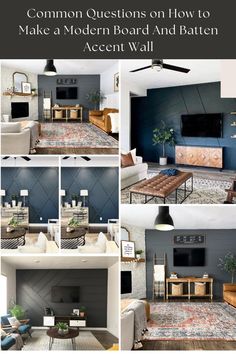 a collage of photos showing different rooms with blue walls and white couches, coffee table