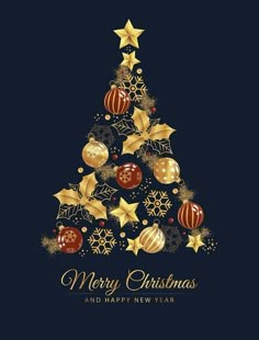 a merry christmas tree with gold stars and baubles on it's dark blue background