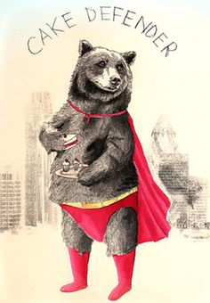 a drawing of a bear wearing a cape and holding a drink in its hand with the words cake defender on it