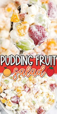 a spoon full of fruit salad with the words pudding fruit salad on it and an image of