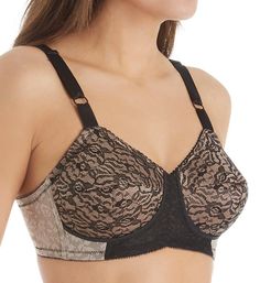 This beautiful floral lace bra offers strong support with tall sides, side seam boning and non-stretch straps. Made of nylon/spandex. Multi-part, fiberfill-lined, wireless cups support and shape breasts without adding bulk. Floral lace jacquard knit cups stretch two ways for better fit. Cups are made with compressed fiber to maintain shape after washing. Horizontal cup seaming forms a slightly conical shape, while vertical center seams give lift. Full coverage neckline. Sewn-on elastic underband Bridal Women, Support Bra, New Bra, Sewing Tags, Vintage Fits, Support Bras, Garters, Black Lingerie, High Waisted Trousers