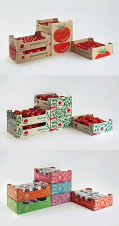 four boxes with different types of food in them and one has an apple on it