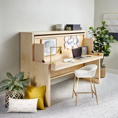 a desk with a laptop on it next to a potted plant