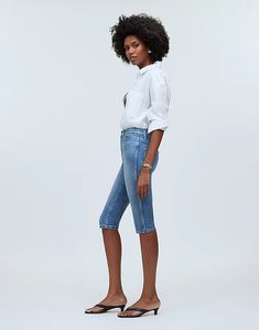 The '90s Capri Jean in Cayer Wash Fitted Knee-length Denim Jeans, Fitted Knee-length Jeans For Summer, Trendy Fitted Mid-rise Bermuda Shorts, Knee-length Denim Cropped Jeans For Summer, Casual Fitted Knee-length Jeans, Summer Medium Wash Cropped Leg Capris, Medium Wash Summer Capris With Cropped Leg, Summer Cropped Leg Medium Wash Capris, Summer Cropped Denim Jeans With Straight Hem