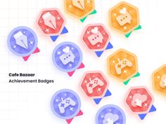 several different shapes and sizes of badges with the words cafe bakart achievement badges