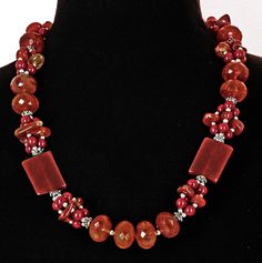 Colorful Long Vintage Necklace by SilkRoadJewelry on Etsy, $89.50 Red Faceted Carnelian Jewelry, Vintage Red Gemstone Necklace, Red Carnelian Jewelry With Faceted Beads, Red Faceted Carnelian Necklaces, Red Agate Gemstone Necklace, Red Beaded Agate Necklaces, Red Faceted Beads Costume Jewelry, Red Gemstone Beads And Cabochons For Gifts, Red Gemstone Beads For Jewelry Making