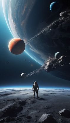 an artist's rendering of planets in the distance with a man standing on the moon