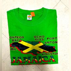 Jamaica T~Shirt Front “No Problem” Map Of Jamaica With A Few Cities Montego Bay Ocho Rios Nigril Port Antonio Kingston Made By Diva Creations Color Green 100% Cotton Length 30” Shoulder 22” Armpit 22” New With Tag Nwt Yellow Short Sleeve T-shirt With Screen Print, Green Crew Neck T-shirt With Text Print, Yellow Short Sleeve T-shirt With Text Print, Green Graphic Tee With Text Print, Green Graphic Tee Shirt With Text Print, Green Graphic Tee With Crew Neck, Green Cropped T-shirt With Letter Print, Yellow Crew Neck T-shirt With Screen Print, Yellow Graphic Tee With Crew Neck