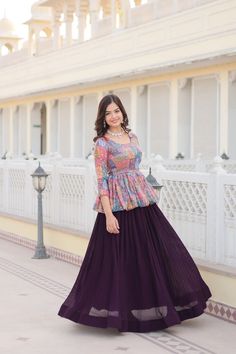 New arrival stitched lehenga choli for women, designer lehenga with stitched blouse, wedding lehenga with crush pleating, lehenga for prom  Lehenha details:- Color : Dark Purple   Fabric & Work:-  Faux Blooming With Crush Pleating  Length :- 42''  Waist  :- 42''  Stitching Type :-  Standard Stitching With Crush Pleating  Inner:- Cotton Silk  Flair  :- 4 Mtr  Closure :- Chain Attached & With Potli-Latkan  Blouse:- (Full-stitched)  Fabric & work :- Faux Georgette With rich Flower Print with  Embro Long Frock Designs For Women, Frock Designs For Women, Sequins Lehenga Choli, Sequin Lehenga, Lehenga Choli Designs, Simple Frock Design, Long Frock Designs, Long Gown Design, Simple Frocks