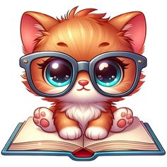 a cartoon cat wearing glasses reading a book with its paws on top of the book