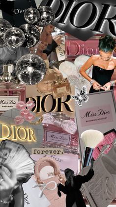 a collage of women's fashion and beauty items including perfumes, chandeliers, lipstick