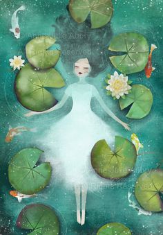 a painting of a woman surrounded by lily pads