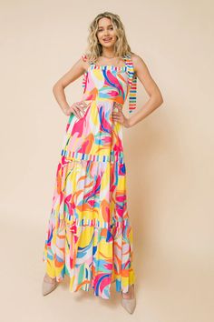 TEA PARTY WOVEN MAXI DRESS l FLYING TOMATO | Flying Tomato 70s Fashion Dresses, Skirt Details, Tie Dye Maxi, Straight Neckline, Style Statement, The Tea, Sleeveless Maxi Dress, Tiered Skirt, Printed Maxi