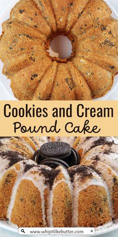 cookies and cream pound cake on a plate with the words, cookies and cream pound cake