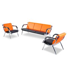 an orange and black set of three chairs with armrests on each side, one in the shape of a reclining couch