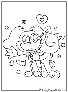 two cartoon cats hugging each other with hearts in the background coloring pages for kids, printable