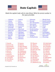 state capital worksheet with states and their abbreviations in red, white, and blue