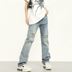 5ft 5''(166cm) tall, 97 lbs(44kg) weight and wearing a size M163cm/40kg wearing a size S - BLUE- Cotton- Distressed ripped- Slim straight fit- DENIM Baggy Straight Leg Ripped Cargo Jeans, Relaxed Fit Blue Ripped Flare Jeans, Baggy Distressed Blue Cargo Jeans, Relaxed Fit Ripped Blue Flare Jeans, Ripped Blue Straight Leg Cargo Jeans, Distressed Full Length Washed Blue Jeans, Distressed Blue Straight Leg Cargo Jeans, Distressed Blue Flare Jeans For Streetwear, High Rise Ripped Blue Cargo Jeans