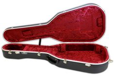 an open guitar case on a white background