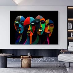 three women's faces are featured in this modern art piece