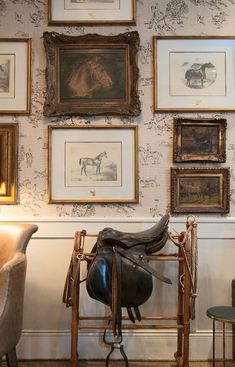 there are many framed pictures on the wall with horse tacks and saddle in it