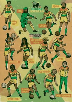 an old poster shows different types of basketball players in green and yellow uniforms, including one with