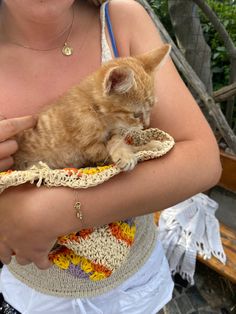 a woman holding a small kitten in her arms