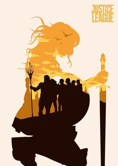 the poster for justice league is shown with silhouettes of people holding swords and standing in front of an orange sky