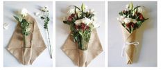 three different images of flowers tied to the side of a paper bag, one with white and red flowers on it