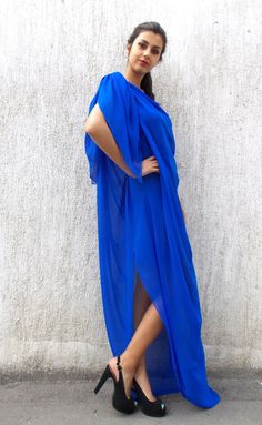 "Royal blue maxi plus size dress made of sheer chiffon veil. Strapless pencil underneath blue trikot dress.Blue crystal woven strap is sewn on left side and two scarfs on right shoulder. Elegant dress perfect for weddings. Extravagant summer kaftan. Two pieces included. Material: veil: 100% polyester underneath dress: 95% viscose, 5% full lycra Care instructions: Hand wash at 30 degrees The coral kaftan in the picture: https://www.etsy.com/listing/198540525/maxi-plus-size-kaftan-dress-maxi The m Blue Floor-length Maxi Dress For Beach Cover-up, Blue Floor-length Maxi Dress For Beach, Elegant Blue Chiffon Dress For Beach, Blue Sleeveless Sheer Maxi Dress, Blue Floor-length Dress For Beach Cover-up, Asymmetrical Chiffon Beach Dress, Blue Chiffon Long Maxi Dress, Flowy Blue Chiffon Maxi Dress, Blue Flowy Floor-length Chiffon Dress