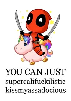 a deadpool riding on top of a pink unicorn with two swords in its mouth