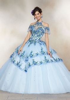 Vizcaya by Mori Lee - 34001 Floral Embroidered Halter Tulle Ballgown Skirt And Corset, Quincenera Dresses, Quinceañera Dresses, Quinceñera Dresses, Quinceanera Dresses Blue, Br Style, Pretty Quinceanera Dresses, Tulle Ball Gown, Ball Gown Skirt