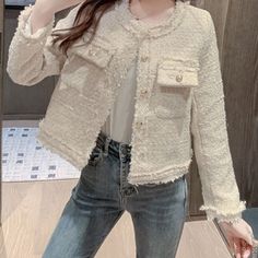 Measurement In CM Size Bust（CM) Waist（CM) Length（CM) Shoulder width（CM) Sleeve Length（CM) S 88 88 50 34 54 M 90 90 51 35 55 L 92 92 52 36 56 XL 2XL 1 inch = 2.54 CM, 1 CM = 0.39 inch size may have 1-3CM errors because of manual Casual Beige Single-breasted Tweed Jacket, Beige Button-up Tweed Jacket For Fall, Casual Beige Tweed Jacket With Pockets, Casual Single Breasted Tweed Jacket For Spring, Beige Casual Long Sleeve Tweed Jacket, Casual Beige Long Sleeve Tweed Jacket, Casual Spring Button-up Tweed Jacket, Beige Long Sleeve Tweed Jacket With Button Closure, Cream Tweed Outerwear For Fall