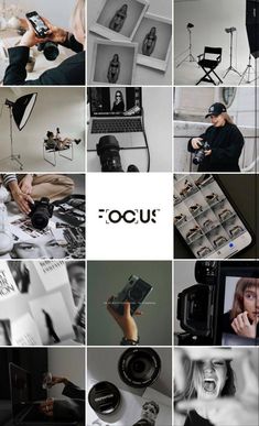 a collage of black and white photographs with focus on the photographer's equipment