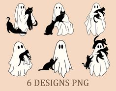 six black cats and ghostes in different positions on a pink background with the text 6 designs png