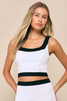 Hearts will be aflutter when you strut through in the Lulus Totally Sensational White Color Block Sleeveless Crop Top! Made from slightly stretchy crepe knit, this flirty little top features a color block-inspired design across a square neckline, princess-seamed bodice, and an ultra-cropped hem. Exposed silver zipper at back. Pair with the matching skirt for a complete look! Fit: This garment fits true to size. Length: Size medium measures 17.5" from shoulder to hem. Bust: Great for any cup size Small Crop Tops, Silver Zipper, Sleeveless Crop Top, Tank Top Cami, White Crop Top, Cup Size, Cami Tanks, Black Crop Tops, Tan Color