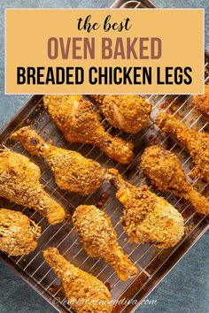 the best oven baked breaded chicken legs on a baking sheet with text overlay