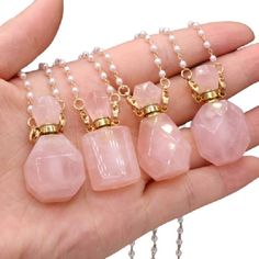 Rose Quartz purifies and opens the heart at all levels to promote love, self-love, friendship, deep inner healing and feelings of peace. Calming and reassuring, it helps to comfort in times of grief. Rose Quartz dispels negativity and protects against environmental pollution, replacing it with loving vibes. Metals Type: Zinc Alloy Gender: Women Necklace Type: Pendant Necklaces Style: Classic Chain Type: Beads Shape\pattern: Perfume Bottle Length: 80cm