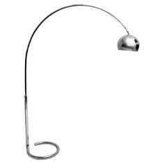 a chrome plated metal floor lamp with a curved arm and an adjustable bulb on the base