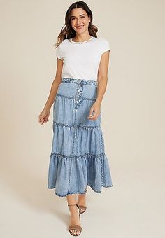 Button Fly Tiered Denim Maxi Skirt | maurices Skirt For Apple Shape, Tiered Maxi Skirt Outfit, Maxi Skirt Outfit, Apple Shape, Maxi Skirt Outfits, Tiered Maxi Skirt, Denim Maxi, Denim Maxi Skirt, List Style