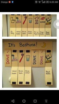 two pictures with words on them that say it's bedtime and don't drink